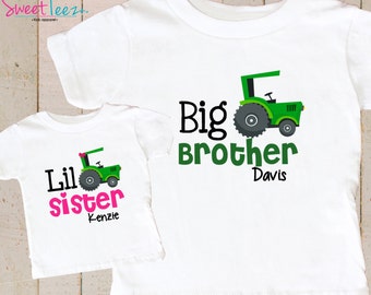 Green Tractor Shirt SET Big Brother Little Sister Shirt Set Personalized Shirts Baby bodysuit SET