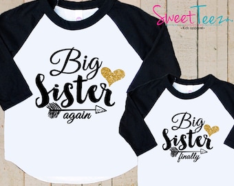 Big Sister Glitter Heart Shirt Set Big Sister Again Big Sister Finally Shirt SET Raglan 3/4th Sleeve Shirt Toddler Youth top