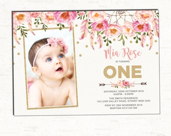 Floral First Birthday Invitation. Pink and Gold Party Invite. Bohemian Flowers. Boho Birthday. Girly Feathers. Glitter. Flowers. FLO12A