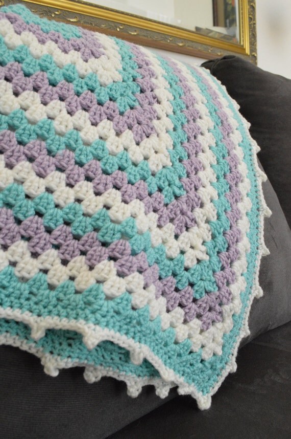 Teal Lavender and White Crochet Baby Blanket by HighSierraHandmade