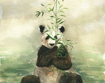 Original watercolor painting panda eating bamboo handmade 9