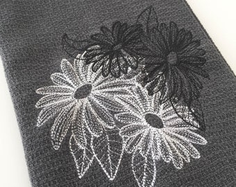 Dainty Daisies Embroidered in a Chalkboard Style onto a Gray 100% Cotton Huck Towel