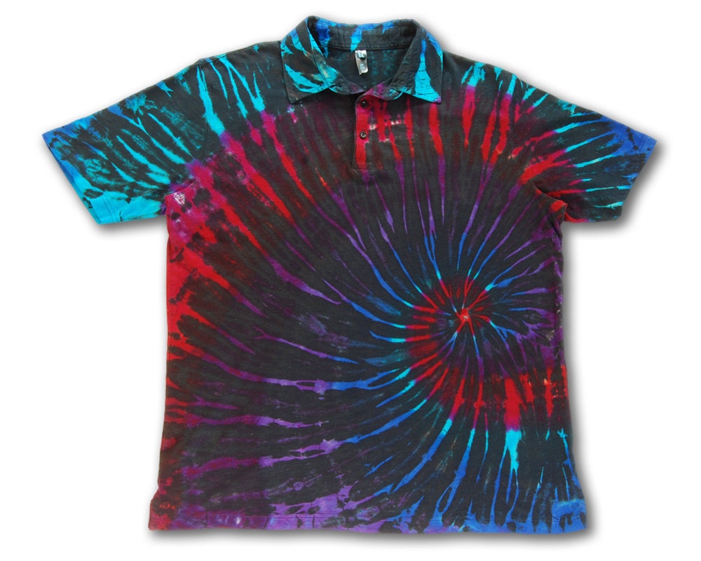 Tie Dye Polo Shirt Adult Large Hand Dyed Black Turquoise