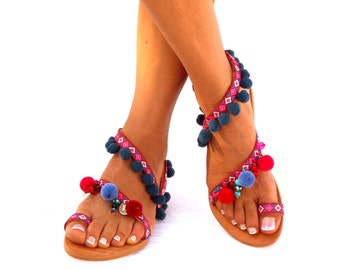 Pom Pom Leather Sandals. by DelosArt on Etsy