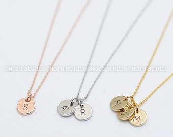 Custom Initial Disc Necklace/ Hand Stamped Letter Necklace, Rose, Gold Coin Tag, Personalized Name Necklace, Teen Aunt Grandma Mommy Gift 05