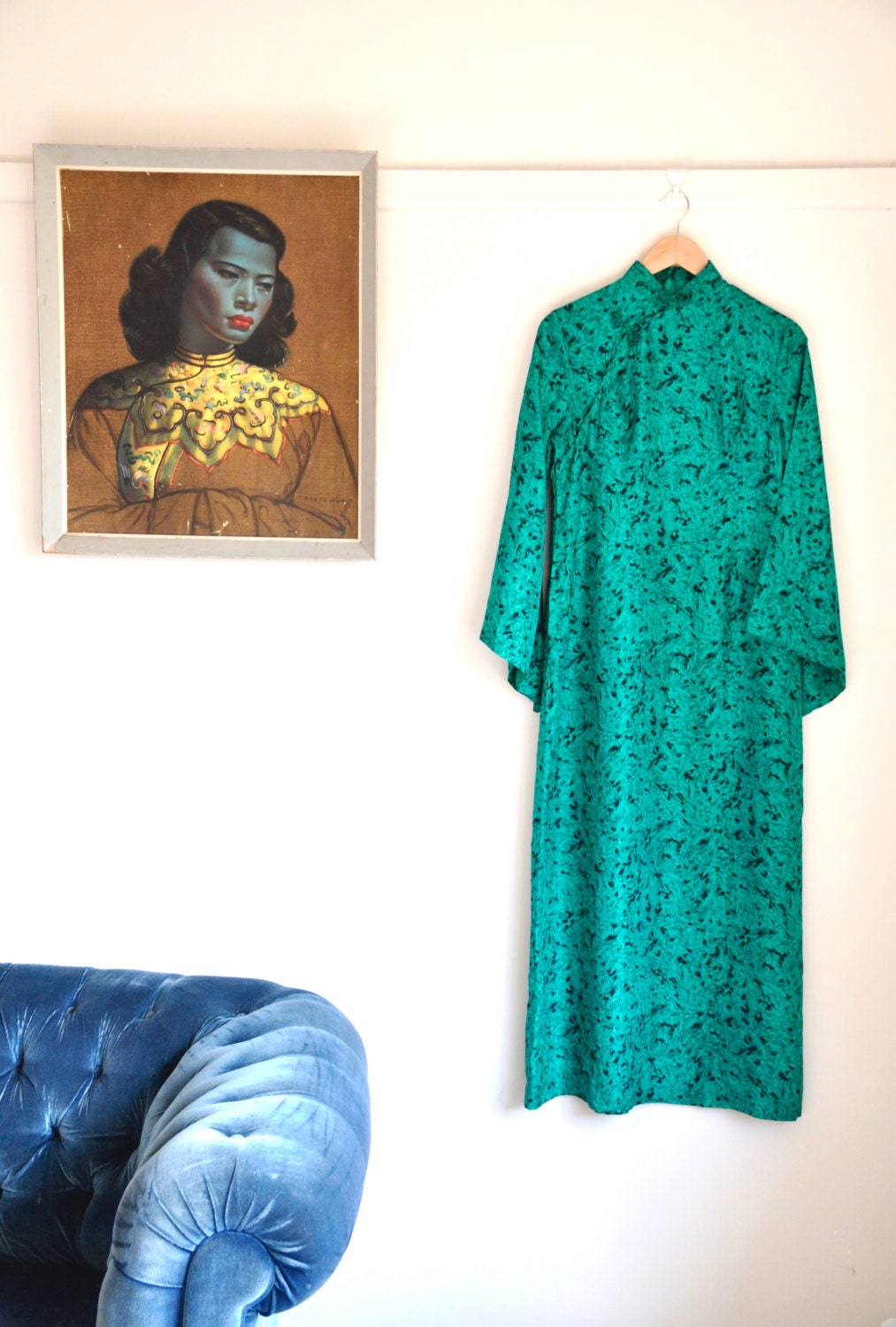 Cheongsam Style 1960s Kaftan Dress Asian Green Silk Maxi