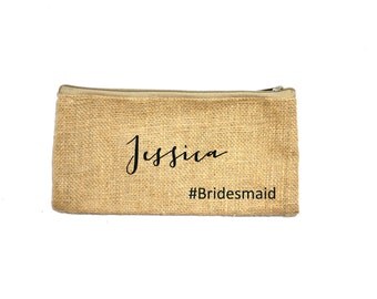 Personalized Cosmetic Bag, Bridesmaid Cosmetic Pouch, Cosmetic Bag, Bridesmaid Gift, MakeUp Bag, Burlap, Custom Name Pouch, BridesmaidClutch