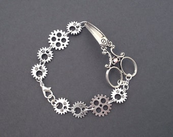 Scissor Gear Bracelet, Steampunk Jewelry, Hair Stylist Gift For Her, Scissor Jewelry, Cute Shear Charm, Hairdresser, Cog, Antique Silver