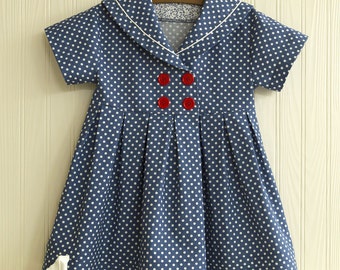 Babyhug Cotton Knit Sleeveless Sailor Collar Dress With Polka Dot Print - Blue
