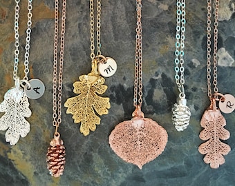 Real Leaf Necklace, Fall Jewelry, Personalized Leaf Necklace, Woodland Jewelry, Pinecone Necklace