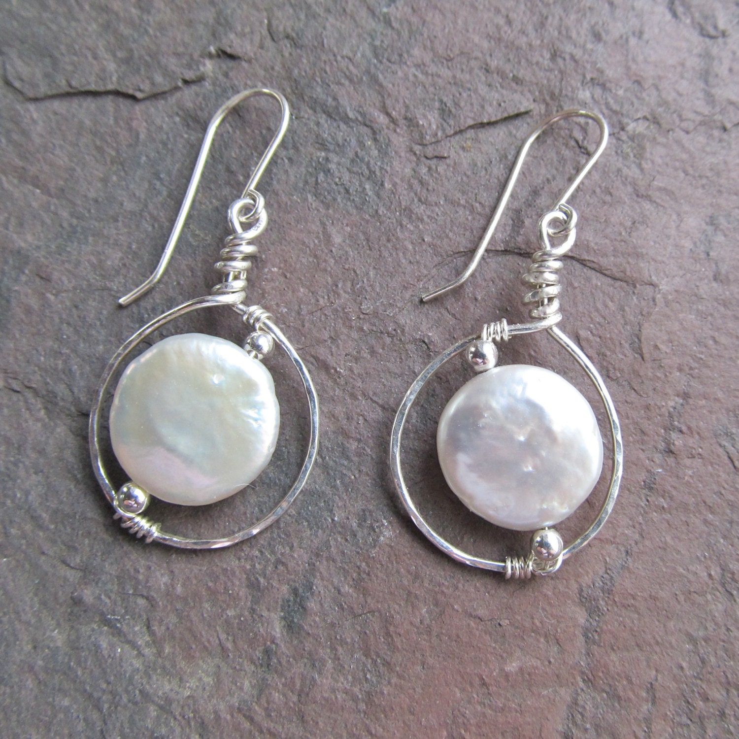 Sterling Wire Wrapped White Coin Pearl Earrings Freshwater