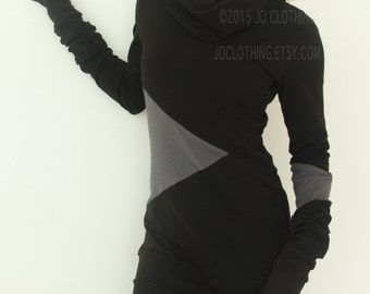 tunic dress| cowl neckline| extra long sleeves| geometric colorblock design| Black with Cement Grey| womens handmade by joclothing