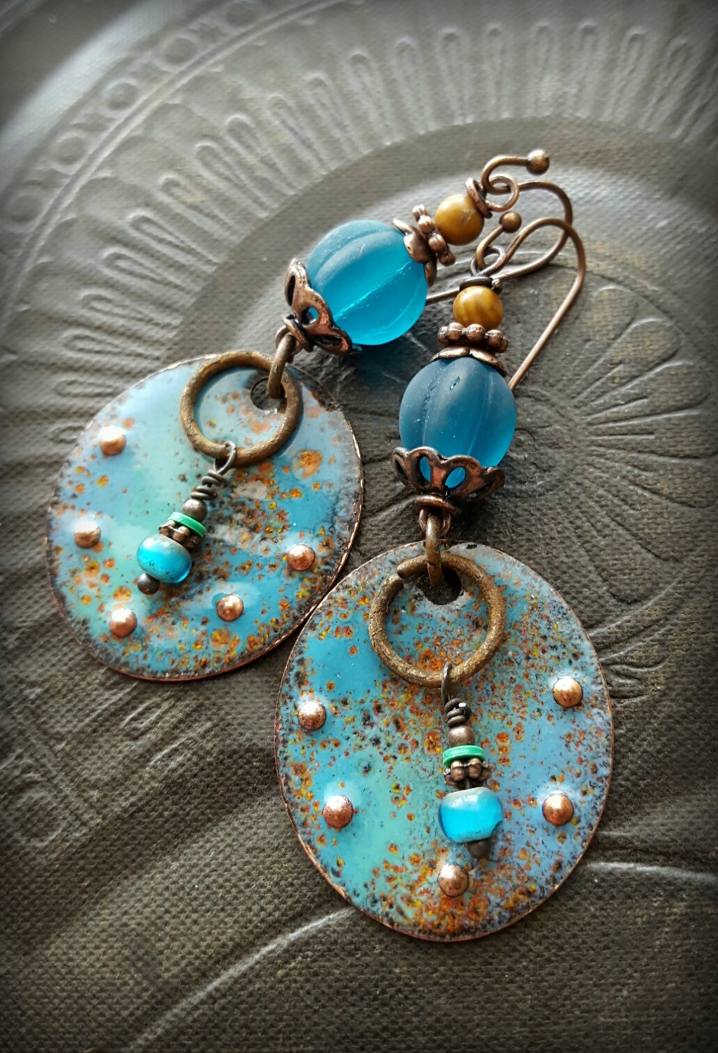 Enameled Copper Earrings Enameled Beads Discs Sea Glass