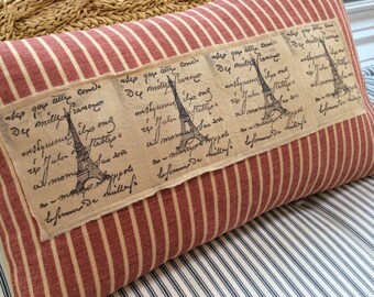 FrenCH PariS Cottage 12x20 Pillow/Shabby Chic/Hand Stamped Ribbon/Lumbar Throw Pillow/Bedroom/Loft/Urban
