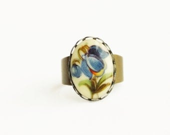 Blue Flower Ring Vintage Floral Cameo Ring Blue Ring Victorian Jewelry Bell Flower Jewellery Vintage Style Ring