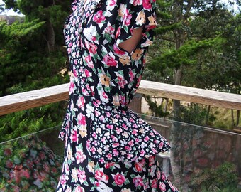 Floral Dress, Black Floral dress, 80s maxi, Peplum dress, 80s floral dress, size S