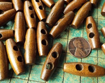 30 Wood Toggle Buttons, 1 1/8" long, 3/8" round, 2 hole, dark color, natural wood buttons