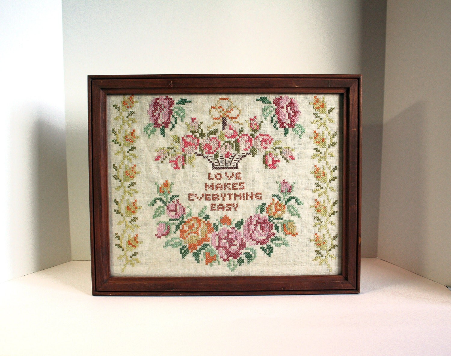 Framed Cross Stitch Vintage Sampler Old Needlework Floral