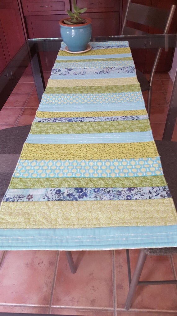 Quilted Table Runner in Blue Teal Green 43 x