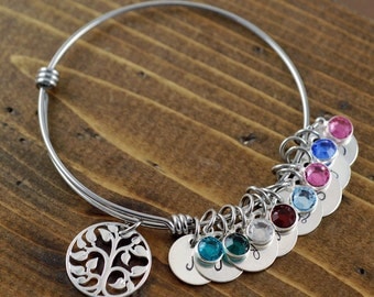Silver Tree of Life Bracelet, Family Tree Bracelet, Silver Bangle, Tree of Life Bangle, Initial Bangle Bracelet, Birthstone Bracelet