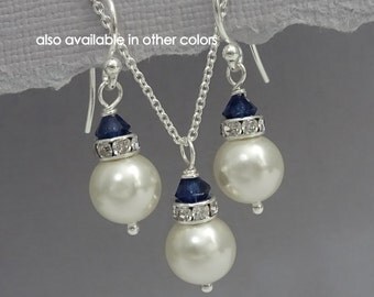 CHOOSE YOUR COLORS Bridesmaid Jewelry Set, Ivory Cream Pearl and Navy (Dark Sapphire) Jewelry, Bridemaid Necklace and Earring Set