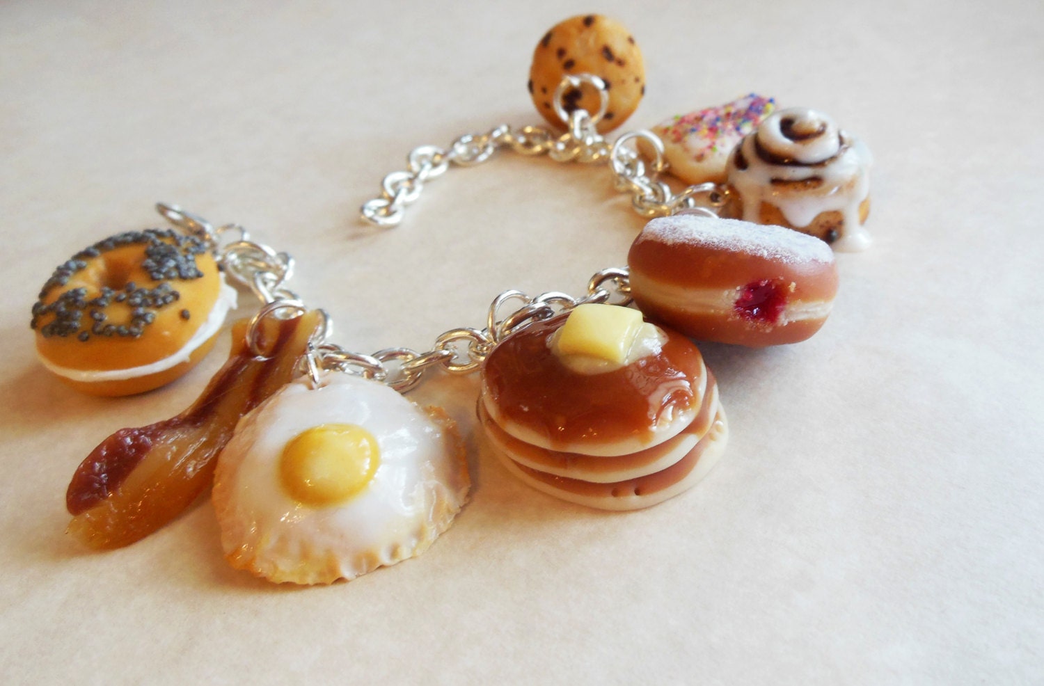 Polymer Clay Breakfast Foods Themed Charm Bracelet Food by