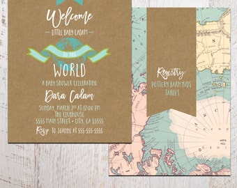 Baby Shower Invitation - Welcome to the World Baby Shower Invitation - Printable 5x7 shower invite - world baby shower (baby shower no. 03c)