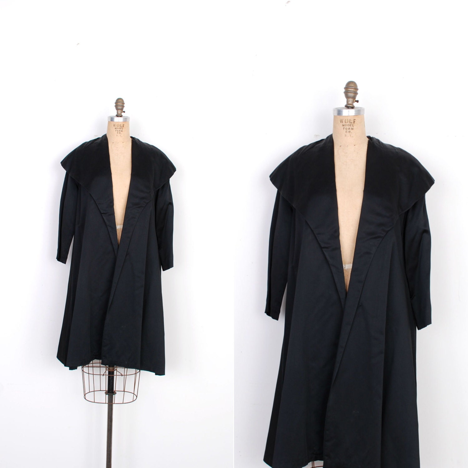 Vintage 1950s Coat / 50s Satin Opera Coat / Black S M L