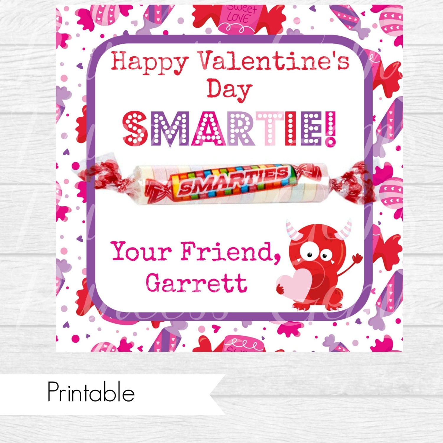 Smartie Monster Valentine's Day Card Boys Printable