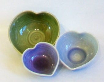 Nesting Heart Bowls - Set of 3, Handmade, Green, Blue, Purple - 5inch Diameter -Valentine - Mothers Day Gift - Ready to Ship