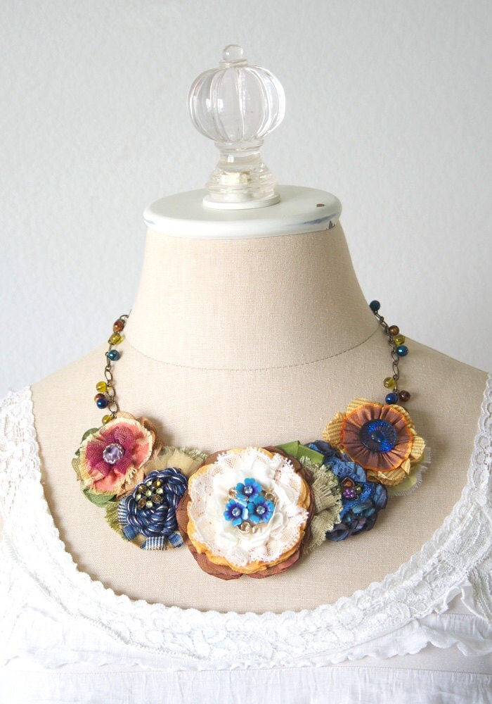 Colorful Floral Bib Necklace Fabric Flower Necklace
