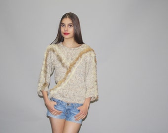 Vintage 80s Boho Neutral Rabbit Fur Knit Sweater - Vintage Fur Sweater - Vintage Sweaters - WT0457