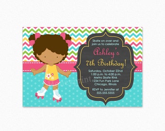 Roller Skating Birthday Party Invitation, African American Girl, Pink, Green, Blue, Personalized, Printable and Printed