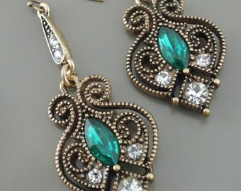 Statement Earrings - Art Nouveau Earrings - Emerald Green Earrings - Boho Antique Gold Crystal Earrings