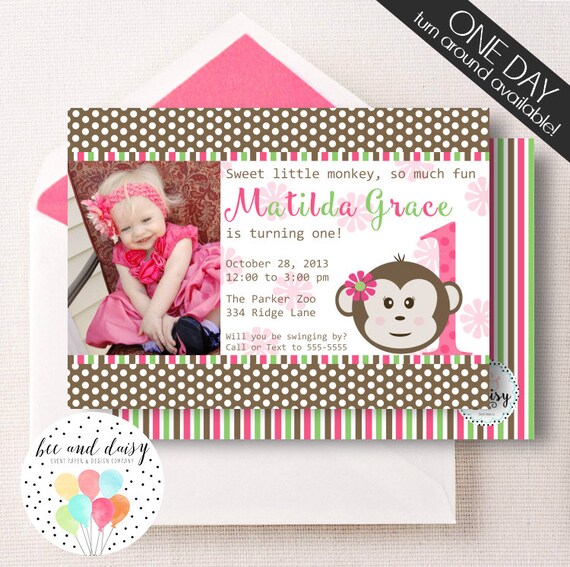 Mod Monkey Invitation, Monkey Birthday Invitation, Monkey Party, Girl First Birthday, Girl Birthday, Monkey Invite, Monkey Photo Invite Il_570xn