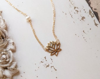 Lotus Necklace, Gold Lotus Flower Necklace, Lotus and Freshwater Pearl Necklace, Lotus Jewelry, Yoga Jewelry, Sterling Silver, Rose Gold
