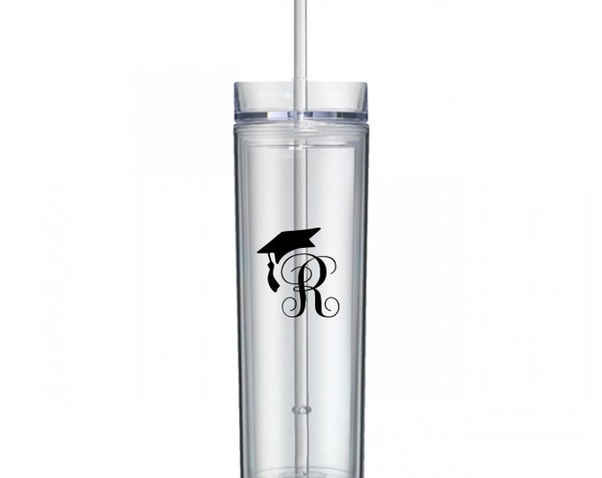 Graduation Cap with Monogram Water Bottle Tumbler, Personalized Water Bottle with Straw, Graduation Gift, Personalized Drink ware Cup