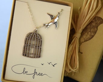 Graduation Necklace, Be Free Bird Necklace, Cage pendant, Bird Pendant Necklace, Silver Bird Cage Necklace, Silver Jewelry