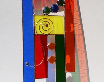 Stained glass abstract copper primary colors suncatcher window panel one of a kind READY TO SHIP