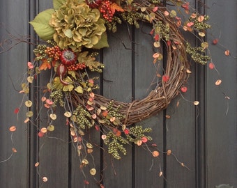 Fall Wreath-Thanksgiving Wreath-Halloween-Green Berry Branches-Wispy Twig Grapevine Door Wreath Decor-Green Hydrangea-Indoor/Outdoor Decor