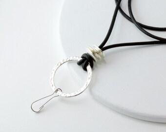 Leather Lanyard, Women's Lanyard,ID Badge Lanyard,leather id badge holder,black silver lanyard,silver lanyard,co workers gifts,gifts for her