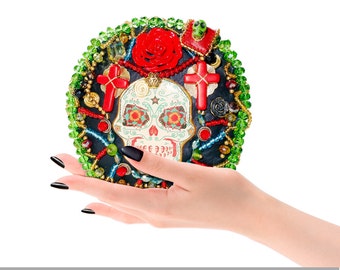 Minaudiere Beaded wrist bag clutch Goth Hard case wristlet Red Black Enening purse leather Framed Box Sugar skull Party Halloween Jewel Gilt