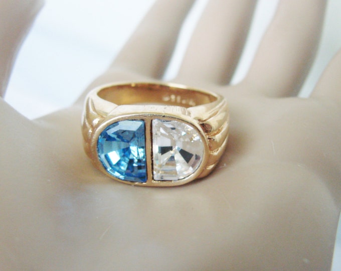 Designer Signed 18KT Gold Electroplate Mens Ring / CZ Stones / Sapphire Blue / Vintage Jewelry / Jewellery