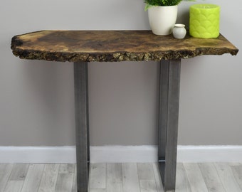 Walnut Slab Console, Natural Live Edge English Walnut Hall or Side Table on steel legs