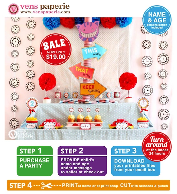 Alice in Wonderland Birthday Party Package Personalized FULL Collection Set - PRINTABLE DIY - PS806CA1x Il_570xn