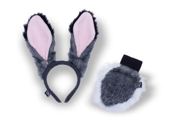 Pawstar Bubbly Bunny Rabbit Ear & Tail Combo - Costume Gray White Stand up Poseable Ears Fluffy 4952