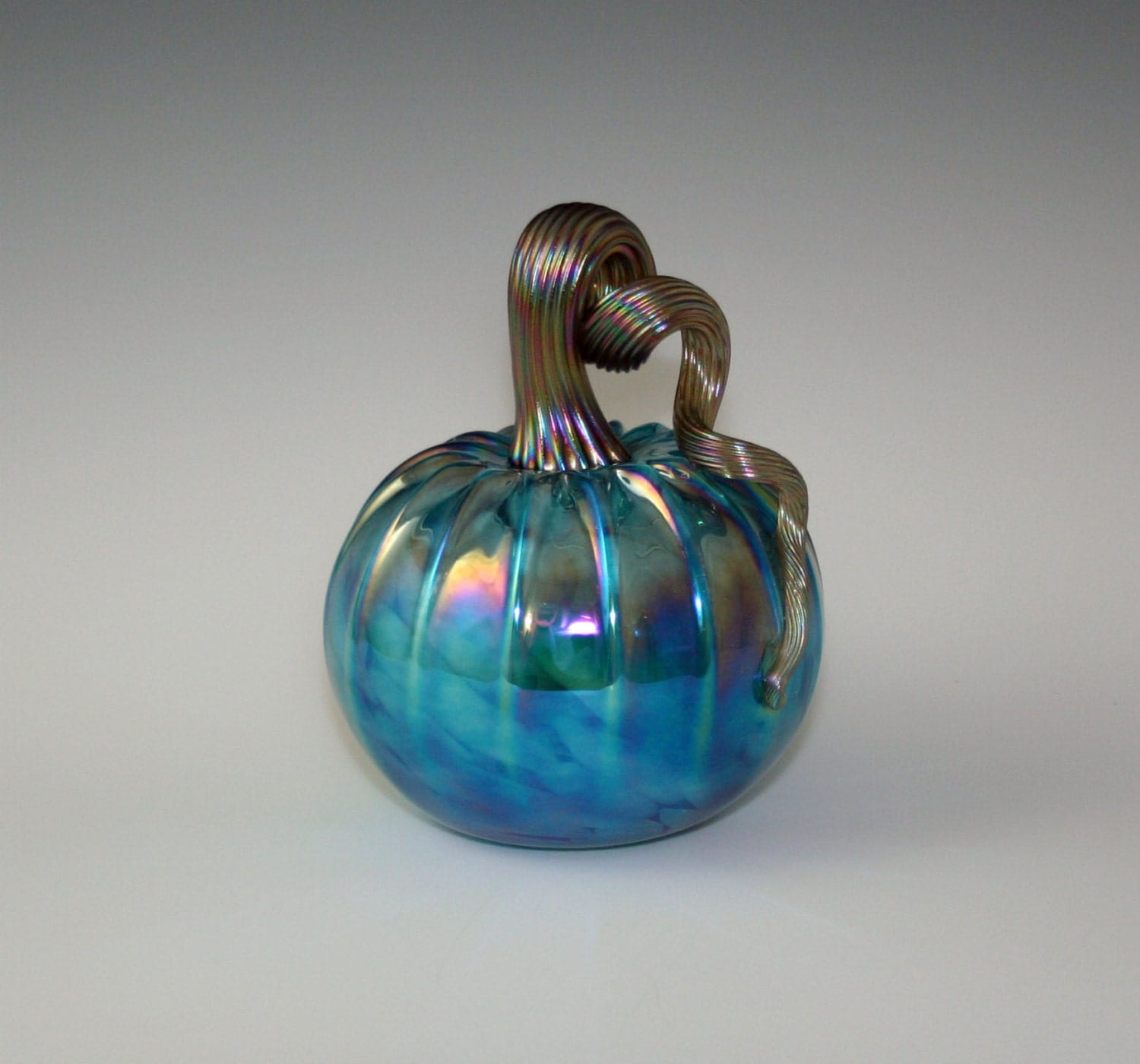Hand Blown Glass Pumpkin Teal Green over Mottled White with