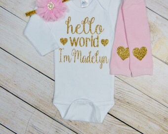Personalized Newborn Girl Outfit Hello World Pink Gold Glitter Hearts Headband Leg Warmers Baby Girl Coming Home Outfit Gift Take Home Set