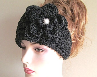 SALE Black Flower Headbands Earwarmers Turban Jeweled Pearl Button Chunky Knit Crochet Fall Winter Accessories Womens Girls Headwraps