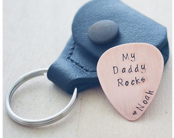 Custom Guitar Pick - My Daddy Rocks Guitar Pick - Hand Stamped Personalized Guitar Pick Keychain - Gift for Him - Leather Case